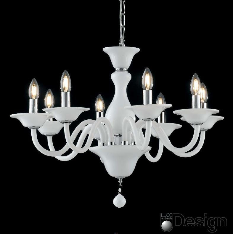 Sospensione 8 luci vetro soffiato bianco dettagli cromati 8XE14 non incl. SOFFIO Sospensione 8 luci vetro soffiato bianco dettagli cromati 8XE14 non incl. SOFFIO